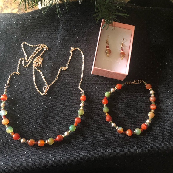 Natural Multicolored Agate Bead Necklace Earrings Bracelet 3 p - Picture 2 of 8